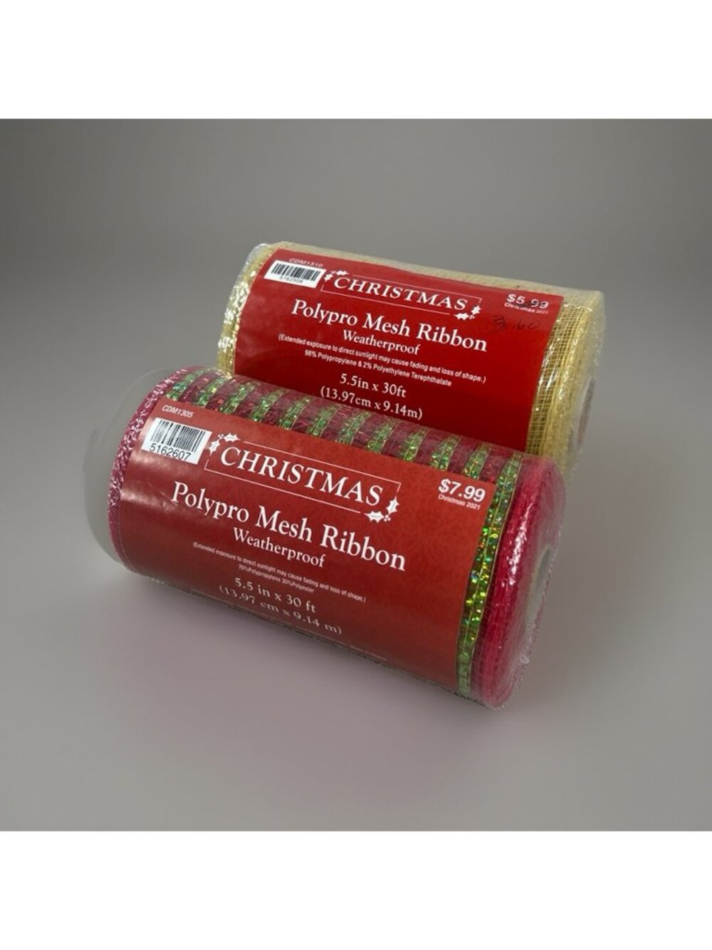Lot of 2 Christmas Polypro Mesh Ribbon Metallic 5.5"x30 Ft Each Red green & Gold